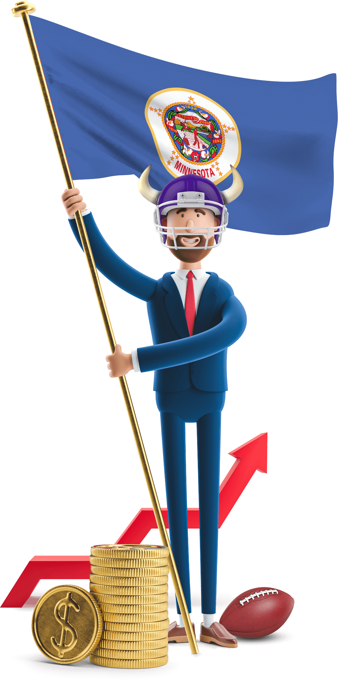 Minnesota flag held by MetCredit USA businessman who's wearing a football helmet with horns and a football at his feet